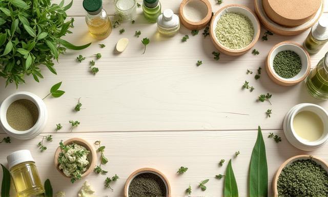 A collection of fresh, natural cosmetic ingredients such as green tea leaves, various plant extracts, and soft-colored clays, artfully arranged on a light wooden surface.