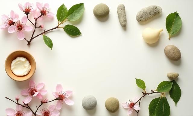 An artistic arrangement of various natural elements like dried cherry blossoms, green tea leaves, small polished stones, and a tiny bowl of raw shea butter, signifying purity and natural ingredients.