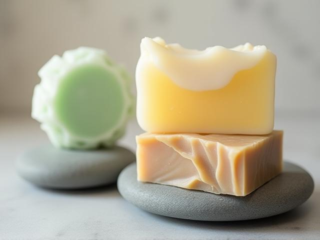 A trio of elegantly shaped artisan soap bars in various natural colors, displayed on a smooth, river stone.