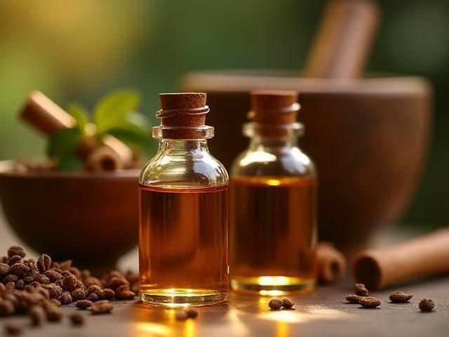 A close-up of small, elegant glass bottles filled with various essential oils and natural plant extracts, with a mortar and pestle in the background, signifying custom blending.