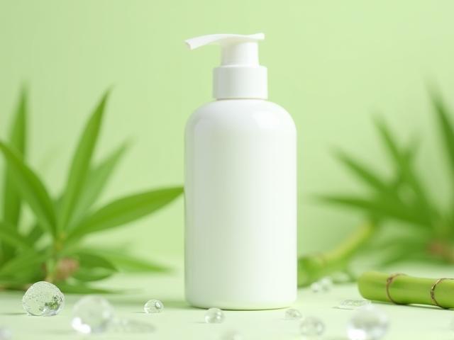 A sleek, minimalist bottle of natural lotion standing amidst soft green leaves and water droplets, suggesting freshness.