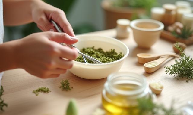 A close-up view of hands meticulously mixing ingredients in a bowl during a natural cosmetic crafting workshop, with various botanicals and tools visible on the table.